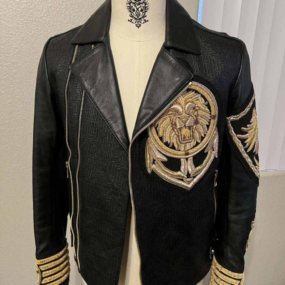 Balmain x H&M Gold Lion Embroidered Leather Jacket